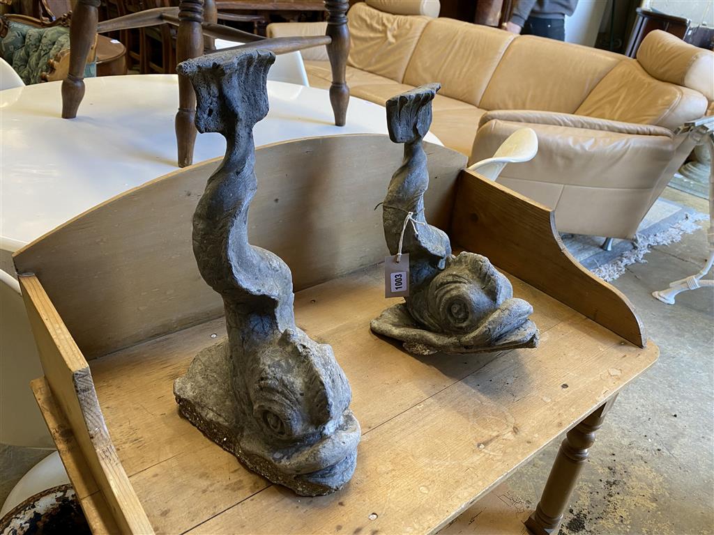 Two cast lead Florentine style dolphin garden ornaments, height 39cm